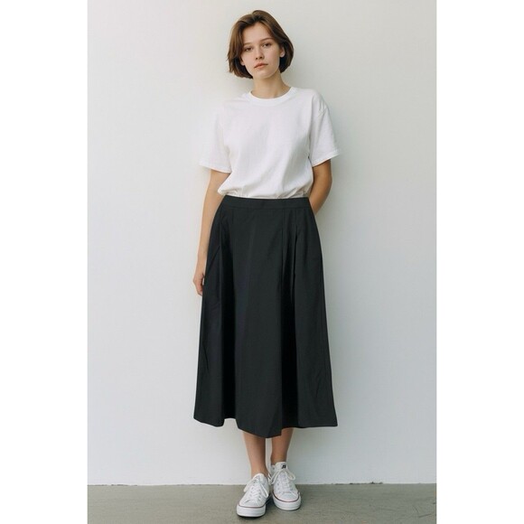 NWT Uniqlo Flared Pleated Midi Skirt Black Women's High Waisted Pockets Sz Large - Picture 11 of 16